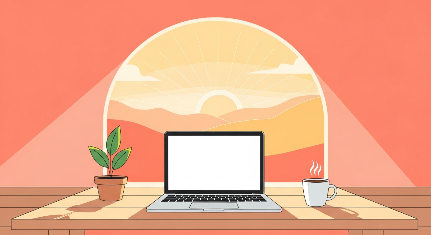 A sunlit home office with laptop and coffee — symbolic of remote work